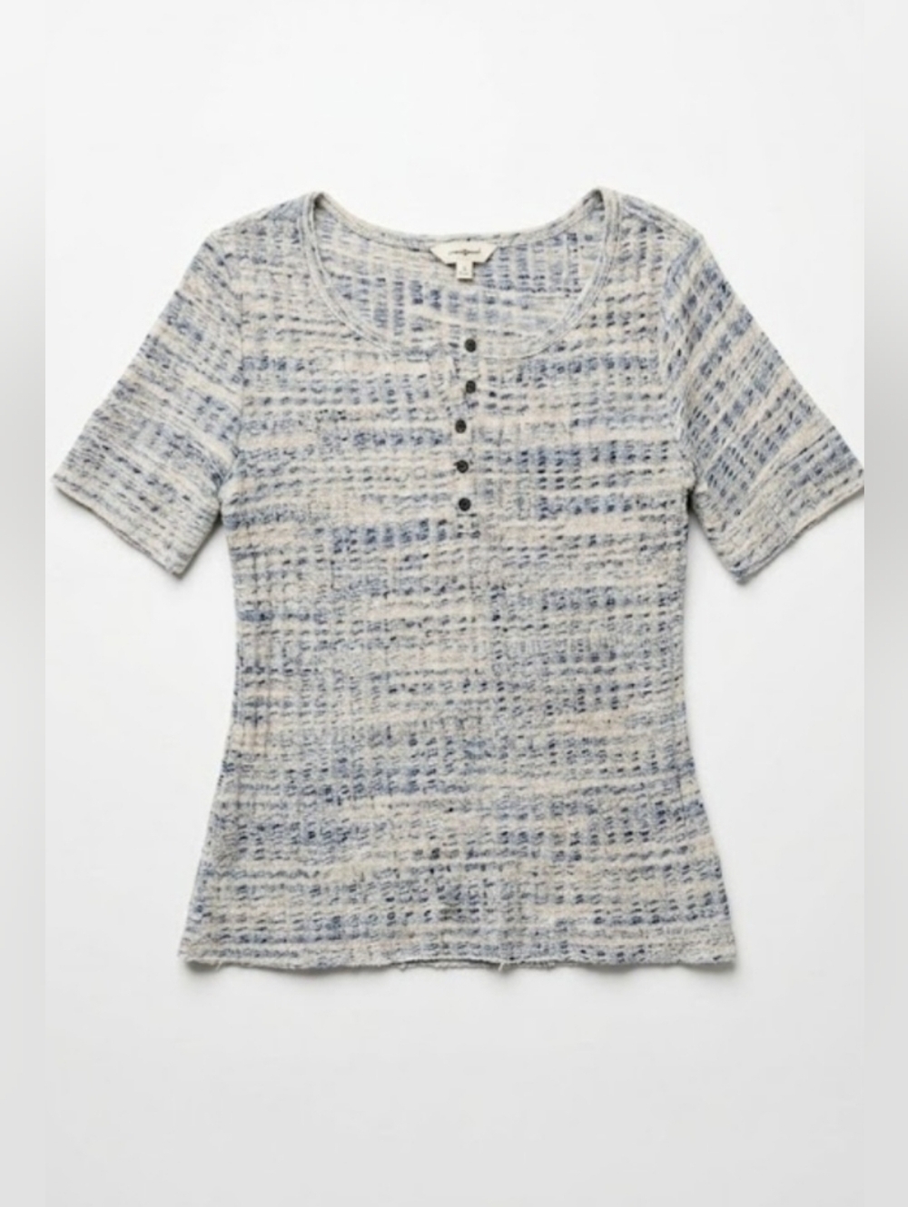 Lucky Brand Textured Knit Top Size Large Blue Cream Smocked Stretch Boho.